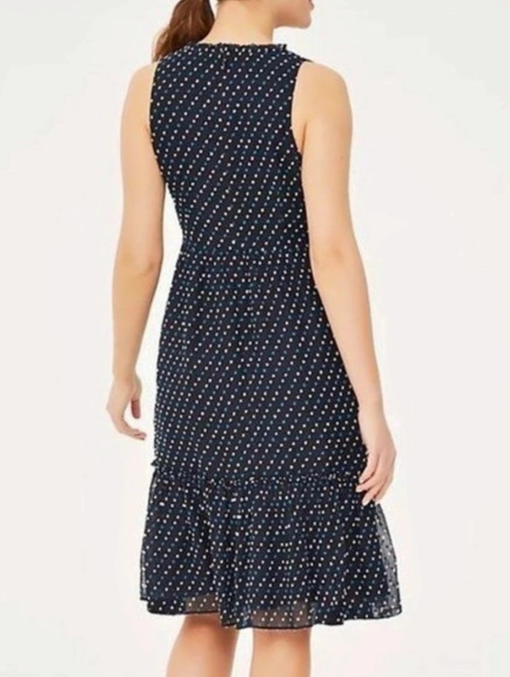 🎃LOFT Outlet Women's Navy Green Clip Dot Flounce Ruffle Hem Sleeveless Sz 6P - Picture 2 of 6